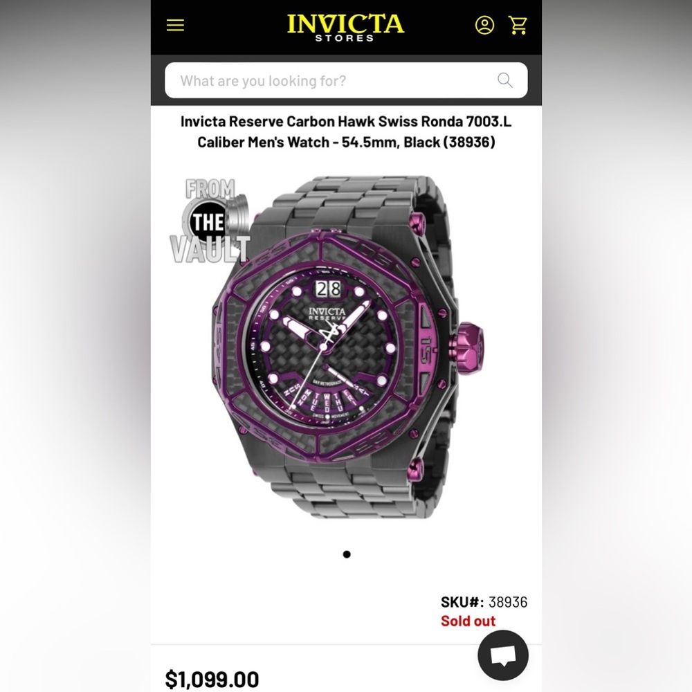 Invicta Reserve Carbon Hawk Swiss Ronda 7003.L Caliber Men’s Watch - model 38936